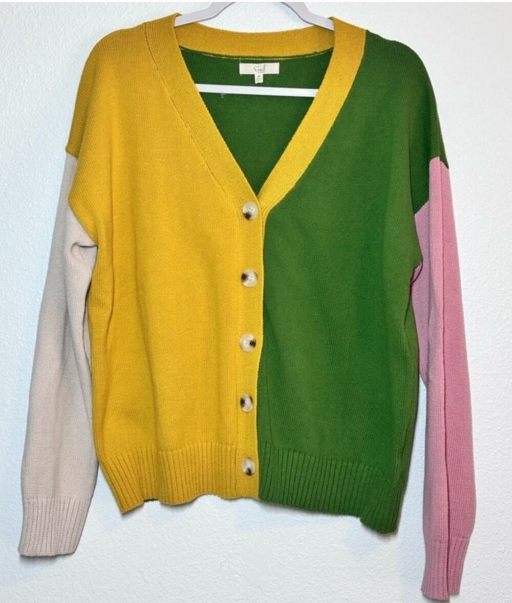 Easel Color Block Cotton Button Front Oversized Med. Cardigan Sweater Excellent
